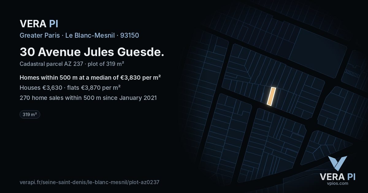 30 Avenue Jules Guesde, Le Blanc-Mesnil at night – the plot lit, the parcels around coloured by the prices near them