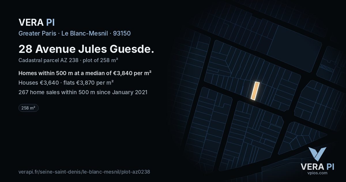 28 Avenue Jules Guesde, Le Blanc-Mesnil at night – the plot lit, the parcels around coloured by the prices near them