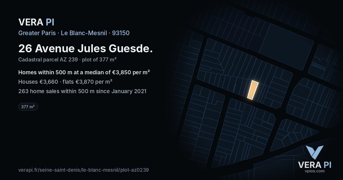 26 Avenue Jules Guesde, Le Blanc-Mesnil at night – the plot lit, the parcels around coloured by the prices near them