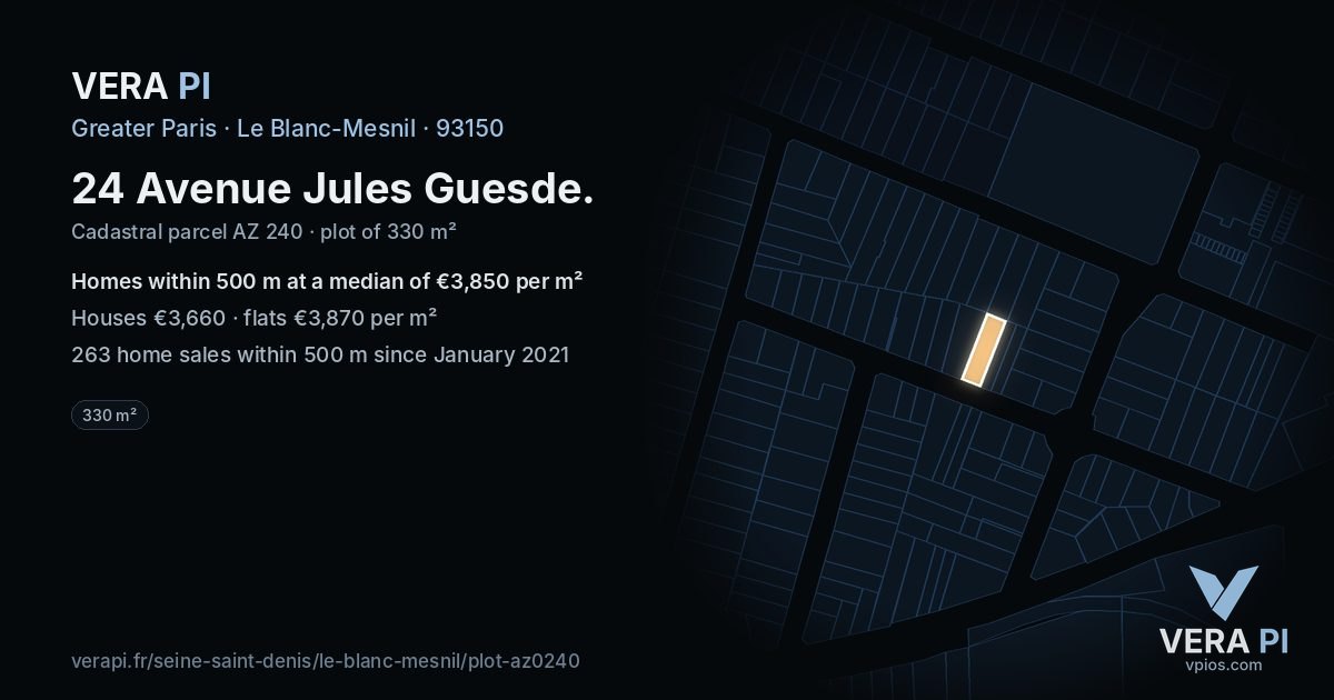 24 Avenue Jules Guesde, Le Blanc-Mesnil at night – the plot lit, the parcels around coloured by the prices near them