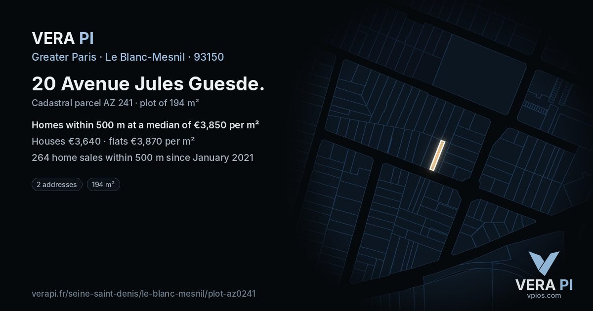 20 Avenue Jules Guesde, Le Blanc-Mesnil at night – the plot lit, the parcels around coloured by the prices near them