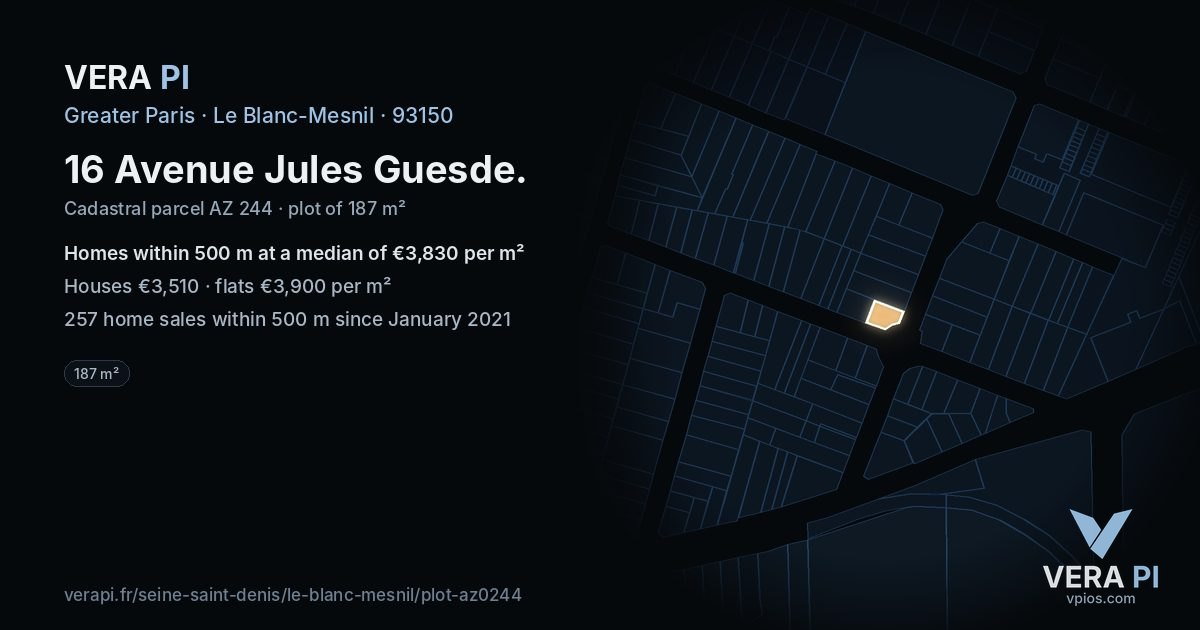 16 Avenue Jules Guesde, Le Blanc-Mesnil at night – the plot lit, the parcels around coloured by the prices near them
