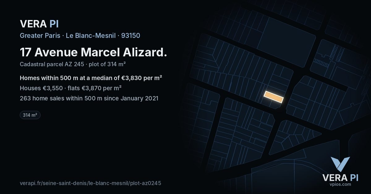 17 Avenue Marcel Alizard, Le Blanc-Mesnil at night – the plot lit, the parcels around coloured by the prices near them
