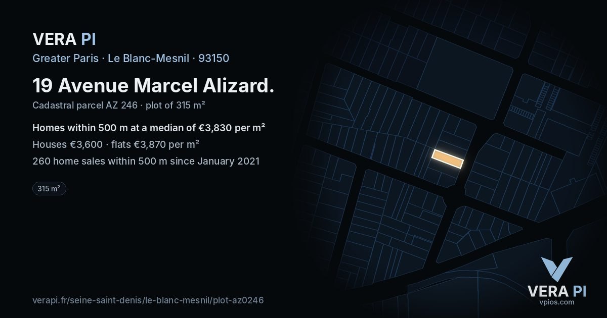 19 Avenue Marcel Alizard, Le Blanc-Mesnil at night – the plot lit, the parcels around coloured by the prices near them