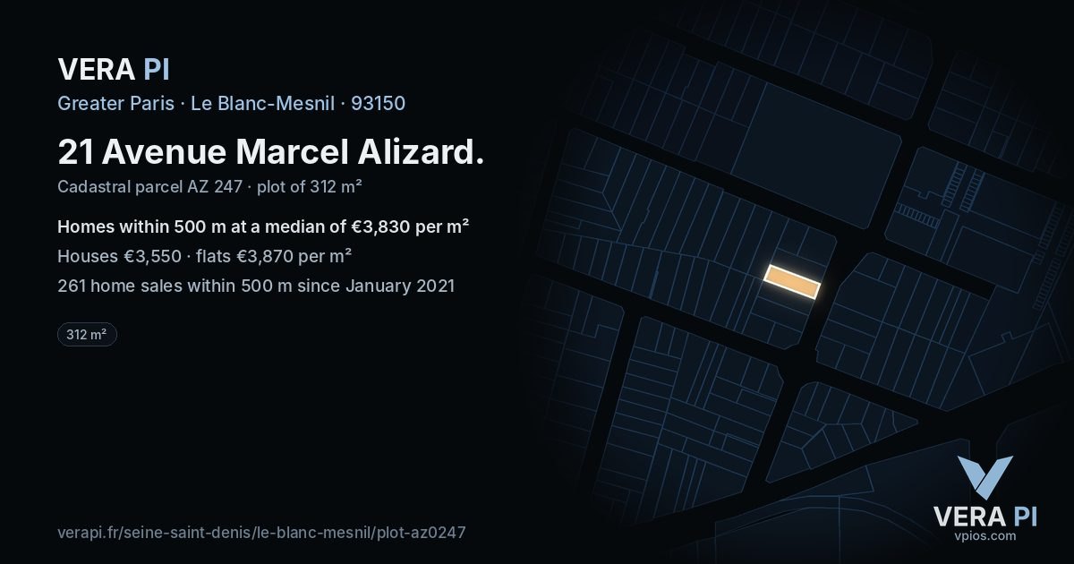 21 Avenue Marcel Alizard, Le Blanc-Mesnil at night – the plot lit, the parcels around coloured by the prices near them