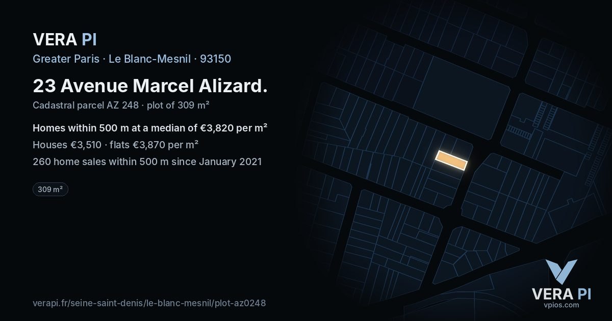 23 Avenue Marcel Alizard, Le Blanc-Mesnil at night – the plot lit, the parcels around coloured by the prices near them