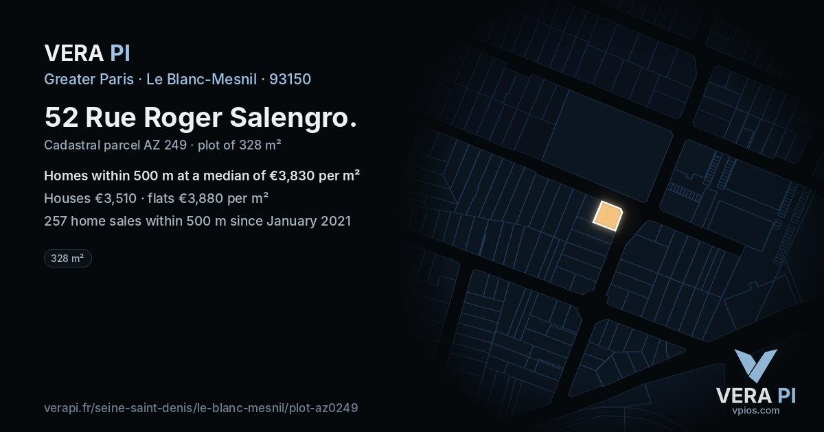 52 Rue Roger Salengro, Le Blanc-Mesnil at night – the plot lit, the parcels around coloured by the prices near them