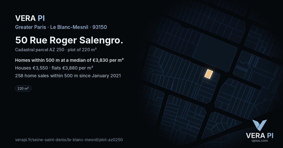 50 Rue Roger Salengro, Le Blanc-Mesnil at night – the plot lit, the parcels around coloured by the prices near them