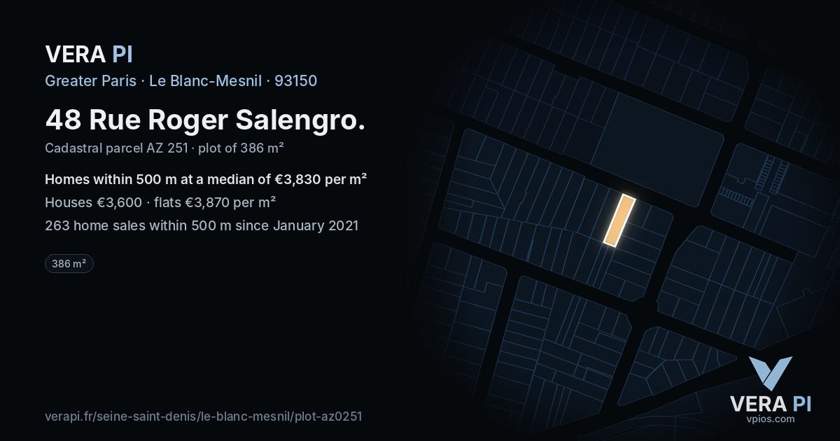 48 Rue Roger Salengro, Le Blanc-Mesnil at night – the plot lit, the parcels around coloured by the prices near them