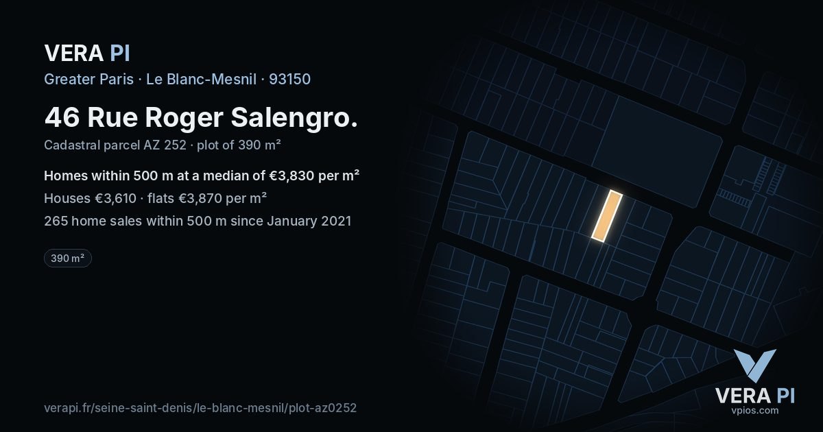 46 Rue Roger Salengro, Le Blanc-Mesnil at night – the plot lit, the parcels around coloured by the prices near them