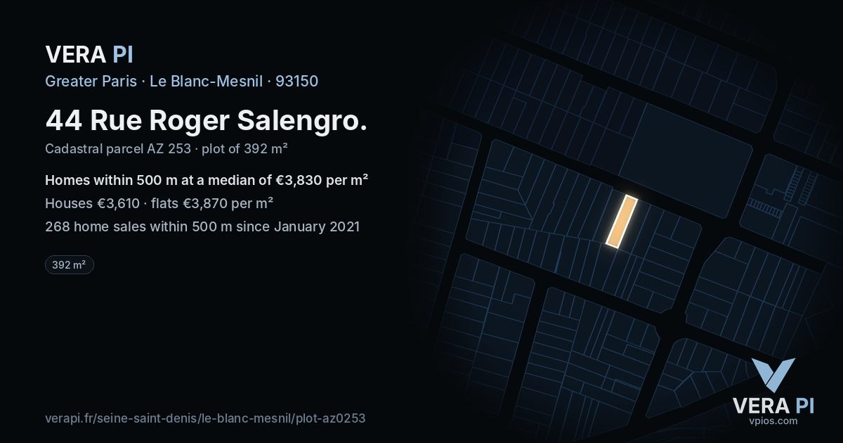 44 Rue Roger Salengro, Le Blanc-Mesnil at night – the plot lit, the parcels around coloured by the prices near them