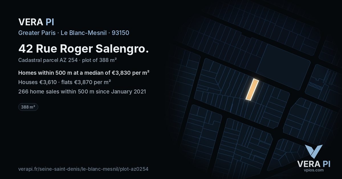 42 Rue Roger Salengro, Le Blanc-Mesnil at night – the plot lit, the parcels around coloured by the prices near them