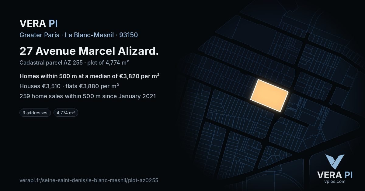 27 Avenue Marcel Alizard, Le Blanc-Mesnil at night – the plot lit, the parcels around coloured by the prices near them