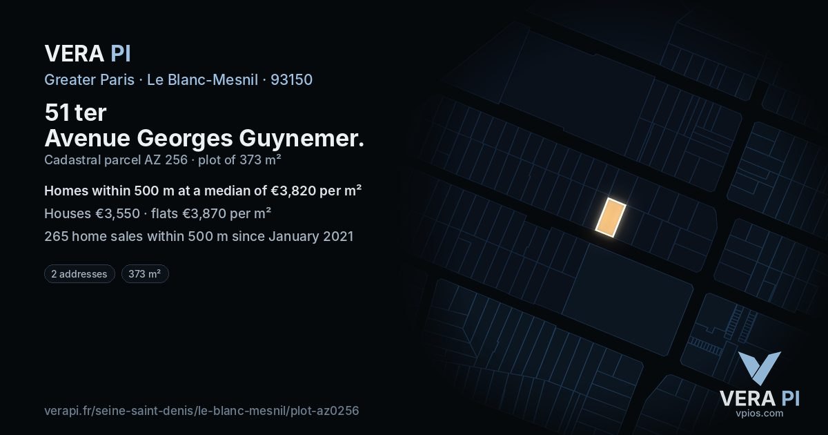 51 ter Avenue Georges Guynemer, Le Blanc-Mesnil at night – the plot lit, the parcels around coloured by the prices near them