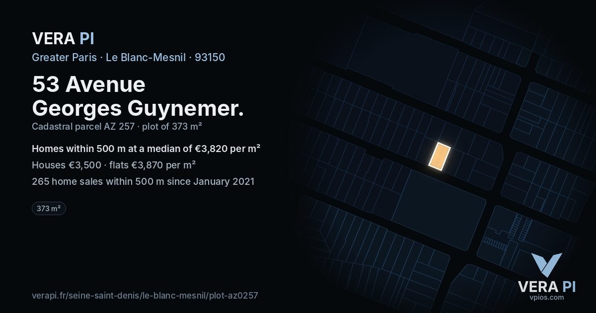 53 Avenue Georges Guynemer, Le Blanc-Mesnil at night – the plot lit, the parcels around coloured by the prices near them