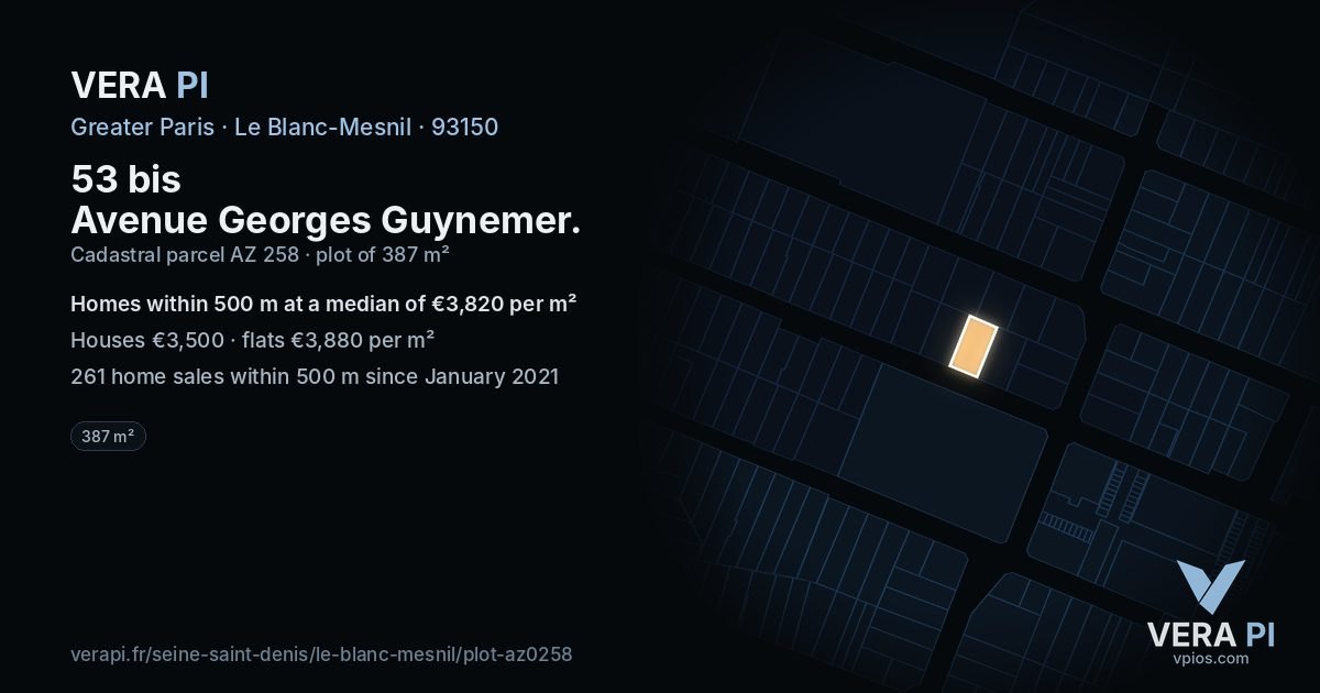 53 bis Avenue Georges Guynemer, Le Blanc-Mesnil at night – the plot lit, the parcels around coloured by the prices near them