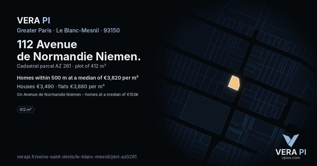 112 Avenue de Normandie Niemen, Le Blanc-Mesnil at night – the plot lit, the parcels around coloured by the prices near them