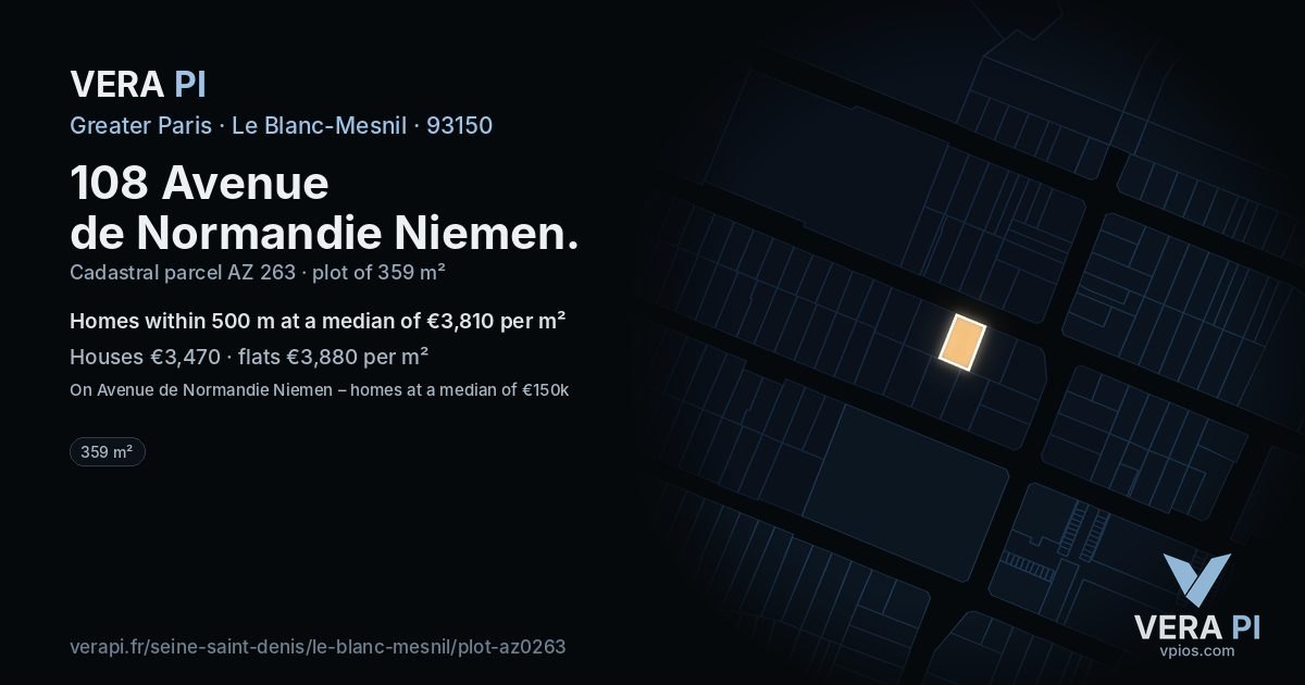 108 Avenue de Normandie Niemen, Le Blanc-Mesnil at night – the plot lit, the parcels around coloured by the prices near them