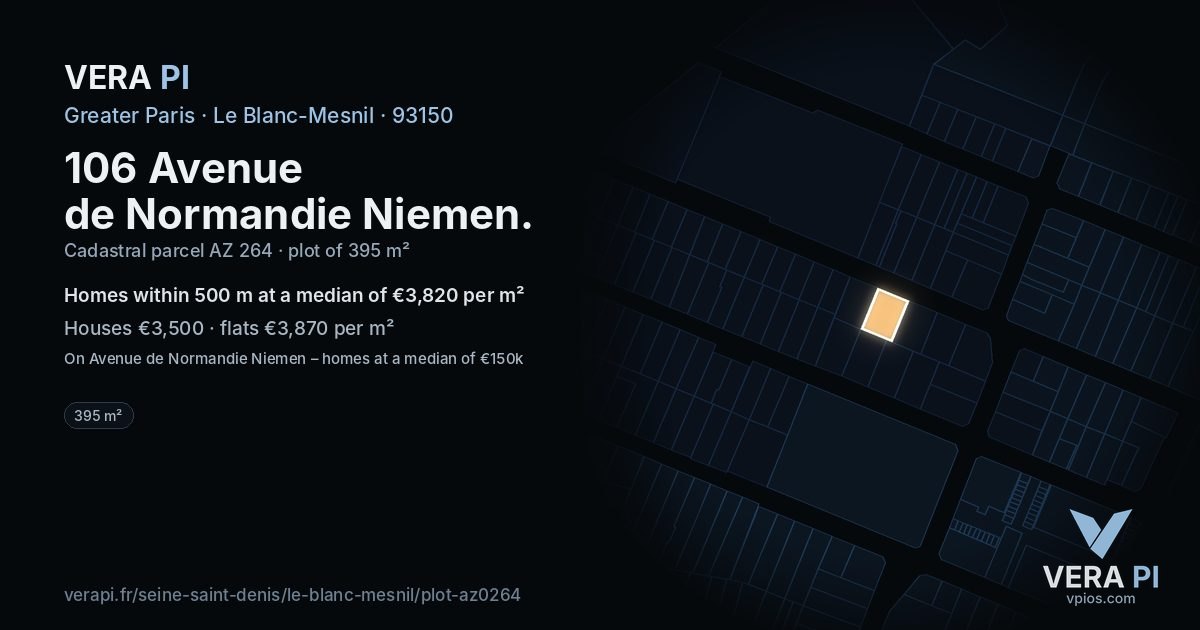 106 Avenue de Normandie Niemen, Le Blanc-Mesnil at night – the plot lit, the parcels around coloured by the prices near them