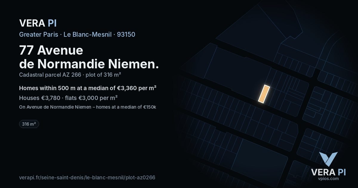 77 Avenue de Normandie Niemen, Le Blanc-Mesnil at night – the plot lit, the parcels around coloured by the prices near them