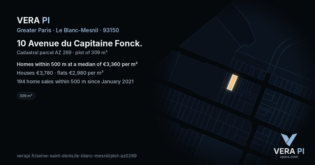 10 Avenue du Capitaine Fonck, Le Blanc-Mesnil at night – the plot lit, the parcels around coloured by the prices near them