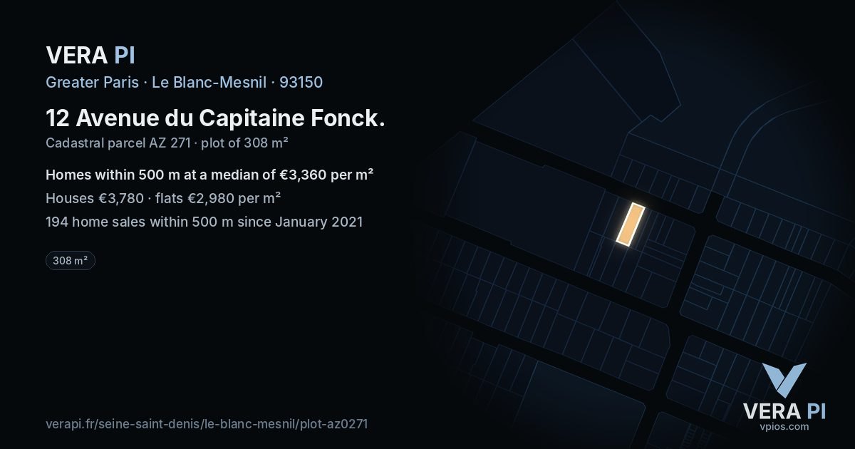 12 Avenue du Capitaine Fonck, Le Blanc-Mesnil at night – the plot lit, the parcels around coloured by the prices near them