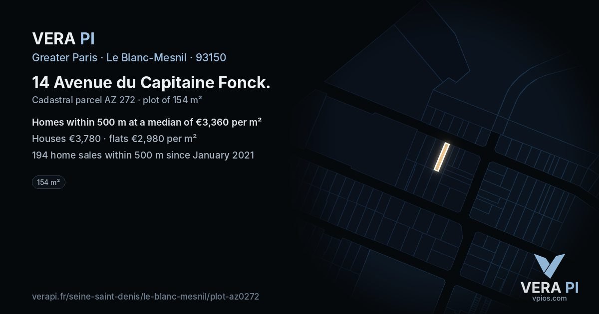 14 Avenue du Capitaine Fonck, Le Blanc-Mesnil at night – the plot lit, the parcels around coloured by the prices near them