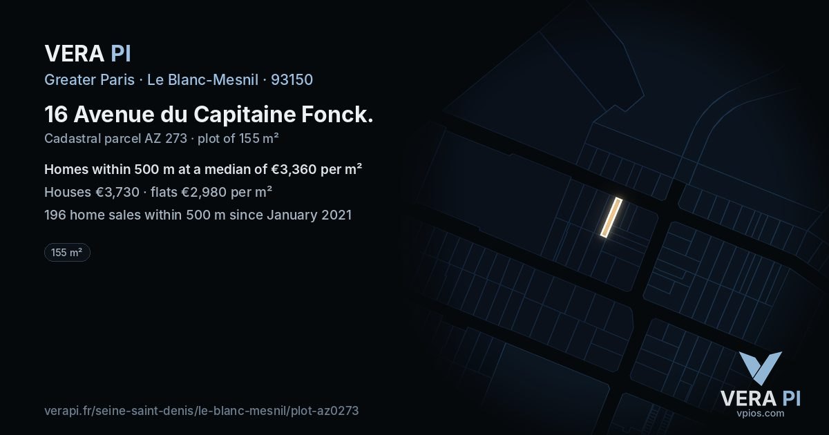 16 Avenue du Capitaine Fonck, Le Blanc-Mesnil at night – the plot lit, the parcels around coloured by the prices near them