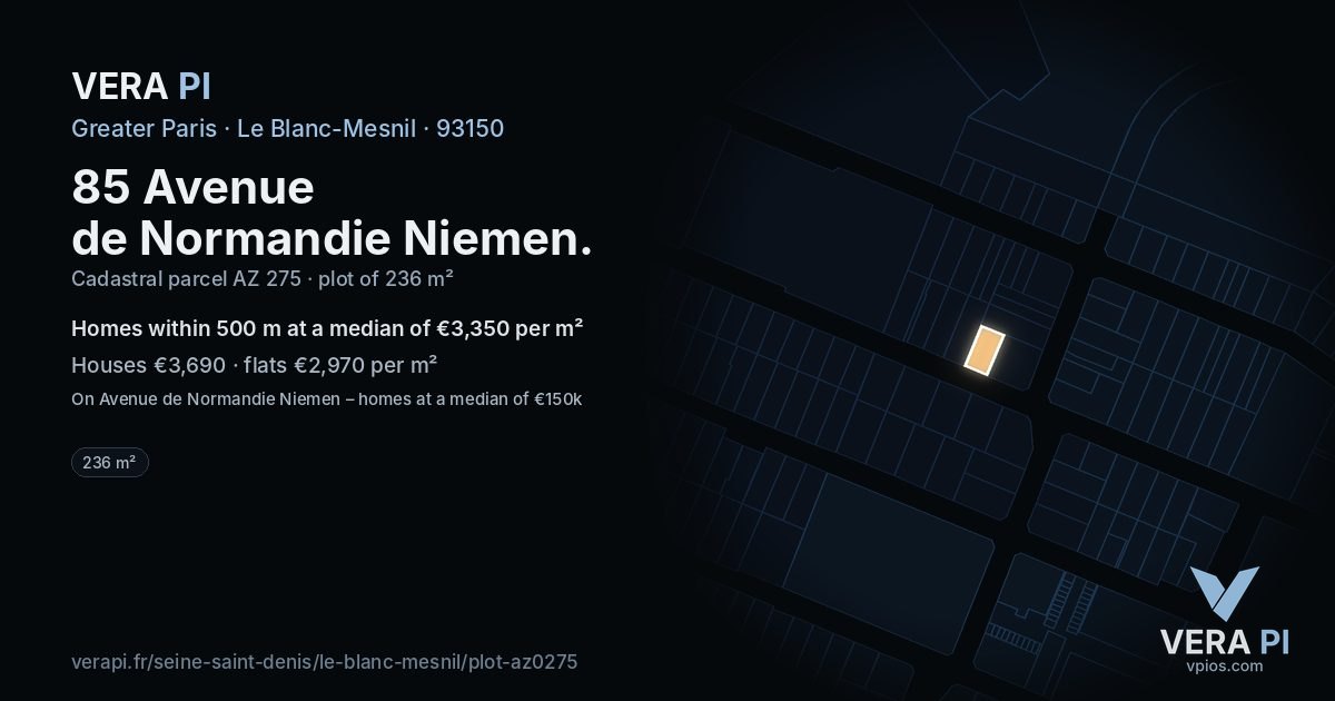 85 Avenue de Normandie Niemen, Le Blanc-Mesnil at night – the plot lit, the parcels around coloured by the prices near them