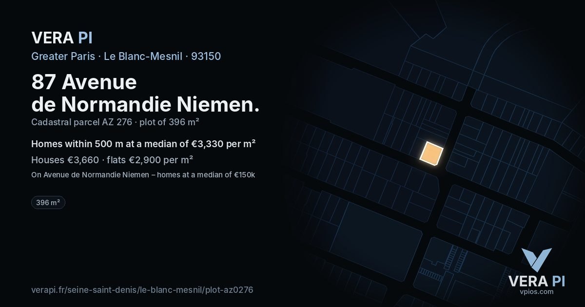 87 Avenue de Normandie Niemen, Le Blanc-Mesnil at night – the plot lit, the parcels around coloured by the prices near them