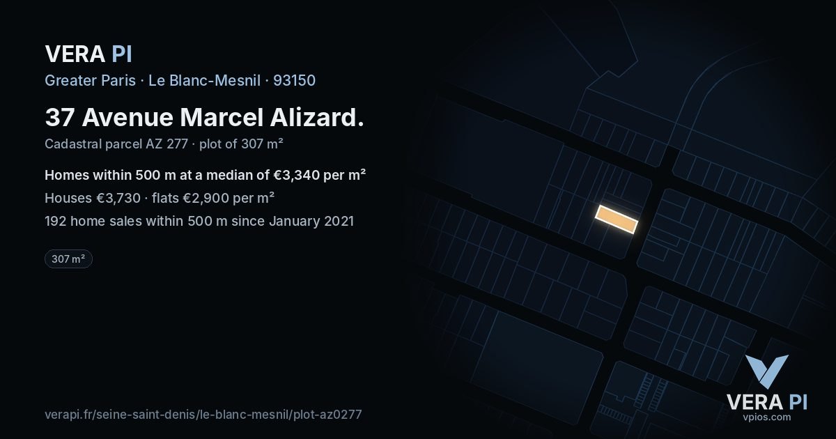 37 Avenue Marcel Alizard, Le Blanc-Mesnil at night – the plot lit, the parcels around coloured by the prices near them