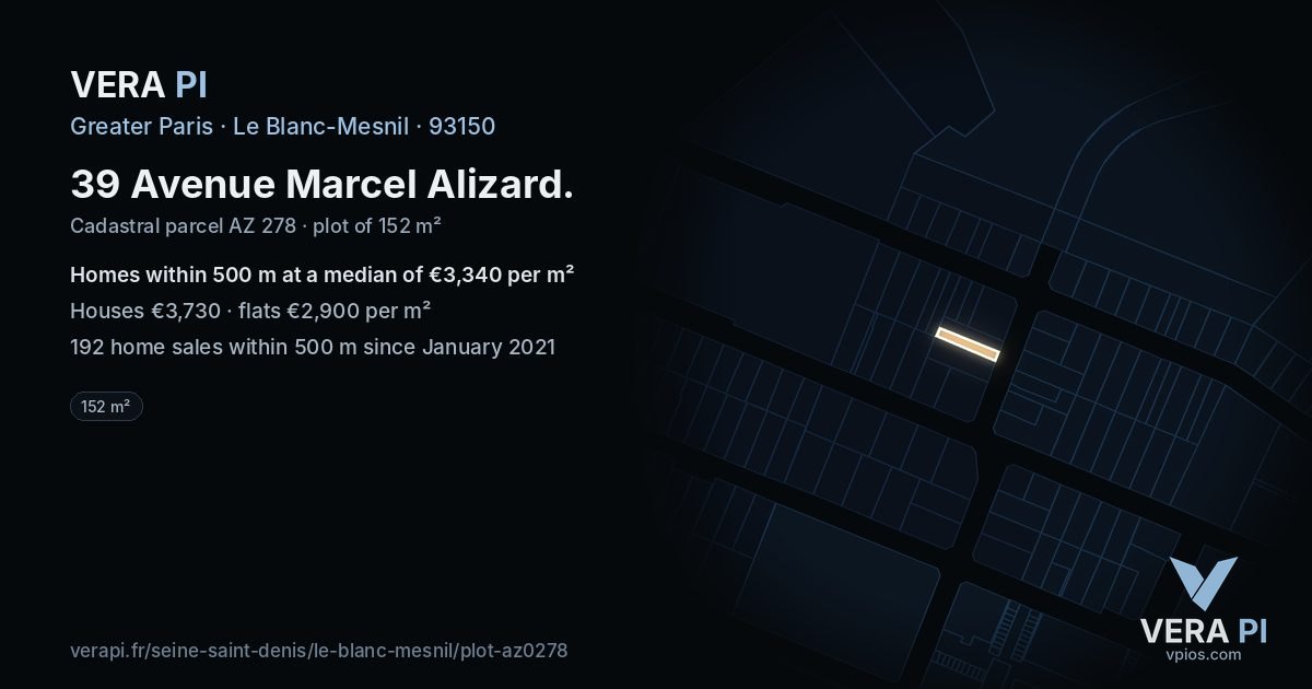 39 Avenue Marcel Alizard, Le Blanc-Mesnil at night – the plot lit, the parcels around coloured by the prices near them