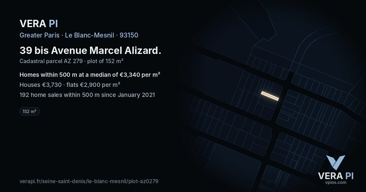 39 bis Avenue Marcel Alizard, Le Blanc-Mesnil at night – the plot lit, the parcels around coloured by the prices near them
