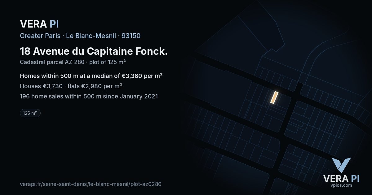 18 Avenue du Capitaine Fonck, Le Blanc-Mesnil at night – the plot lit, the parcels around coloured by the prices near them
