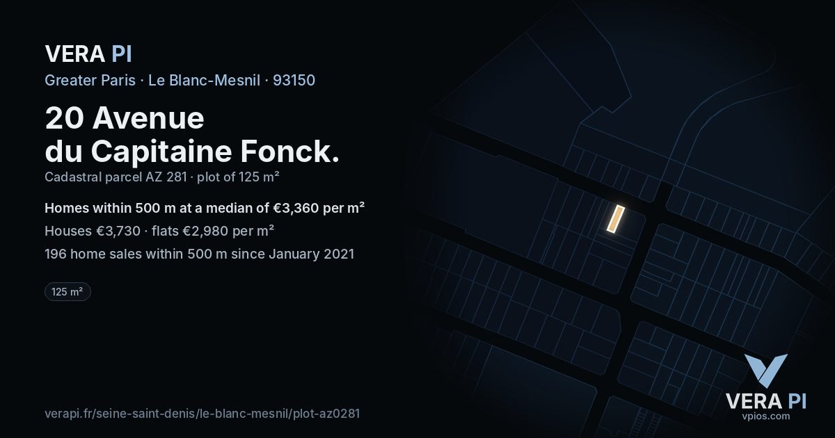 20 Avenue du Capitaine Fonck, Le Blanc-Mesnil at night – the plot lit, the parcels around coloured by the prices near them