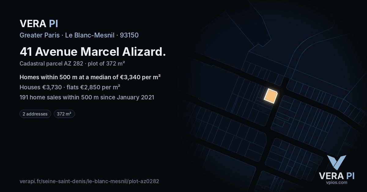 41 Avenue Marcel Alizard, Le Blanc-Mesnil at night – the plot lit, the parcels around coloured by the prices near them