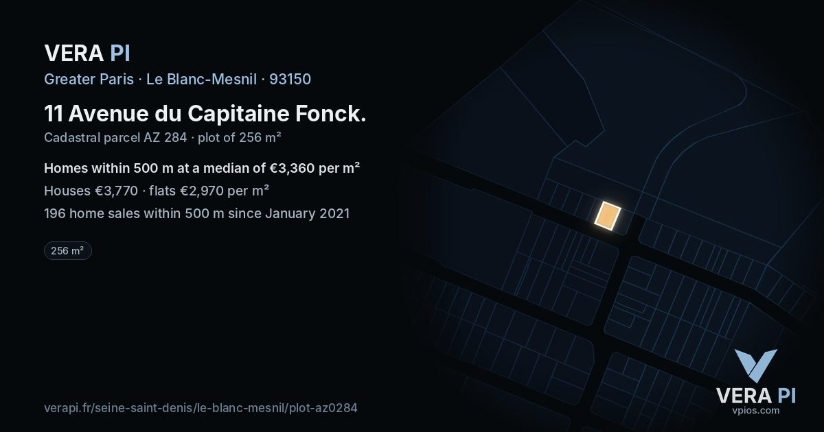 11 Avenue du Capitaine Fonck, Le Blanc-Mesnil at night – the plot lit, the parcels around coloured by the prices near them