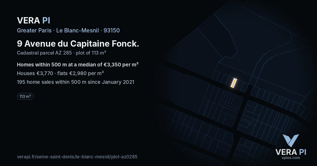 9 Avenue du Capitaine Fonck, Le Blanc-Mesnil at night – the plot lit, the parcels around coloured by the prices near them