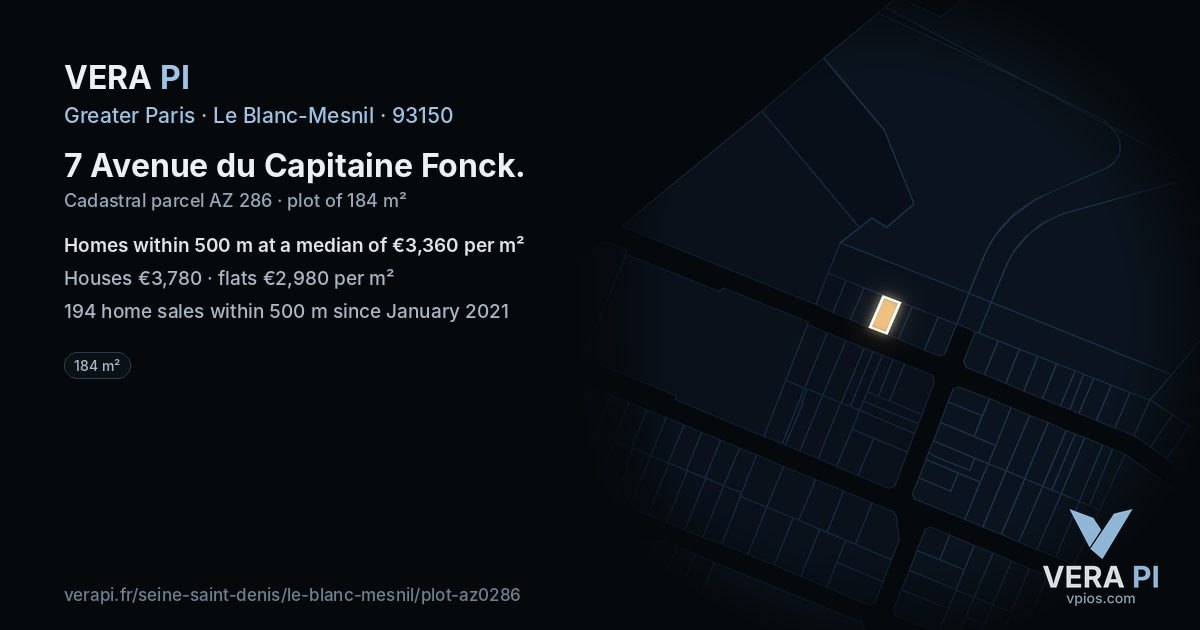 7 Avenue du Capitaine Fonck, Le Blanc-Mesnil at night – the plot lit, the parcels around coloured by the prices near them