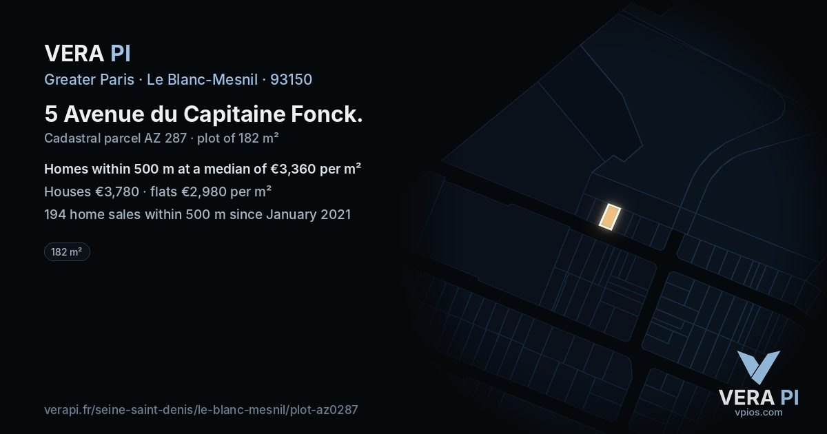 5 Avenue du Capitaine Fonck, Le Blanc-Mesnil at night – the plot lit, the parcels around coloured by the prices near them
