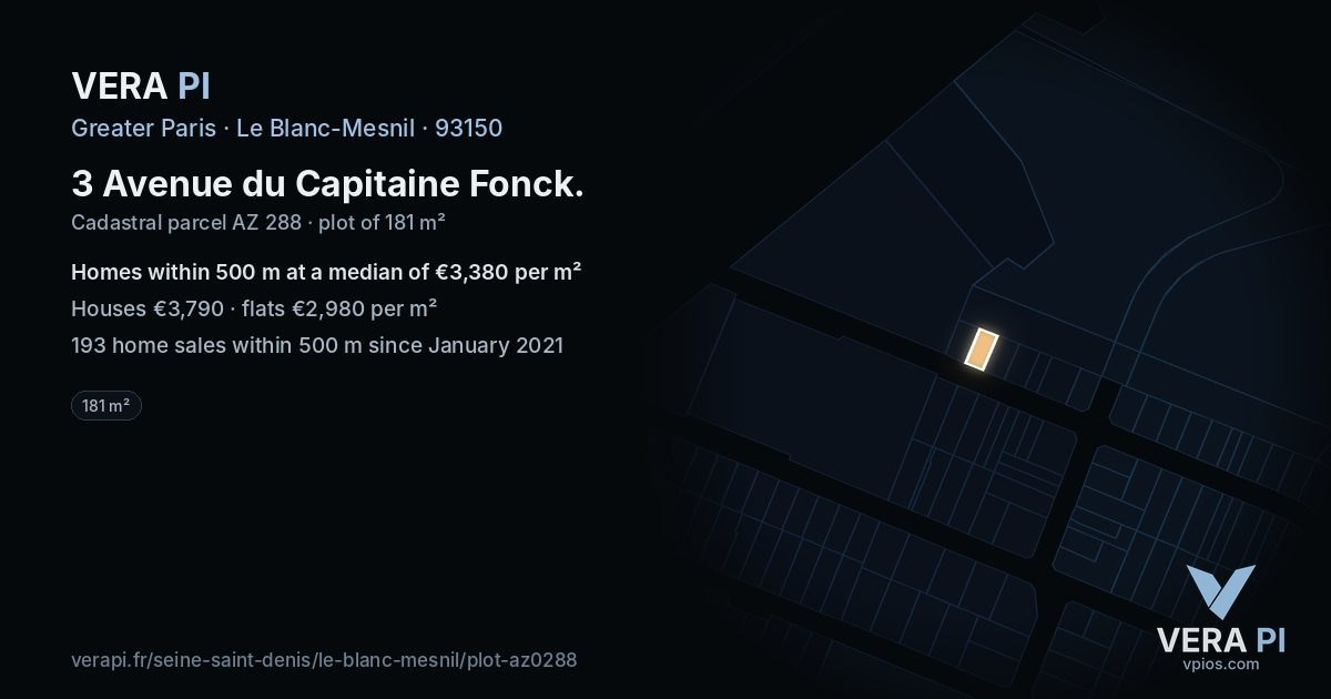 3 Avenue du Capitaine Fonck, Le Blanc-Mesnil at night – the plot lit, the parcels around coloured by the prices near them