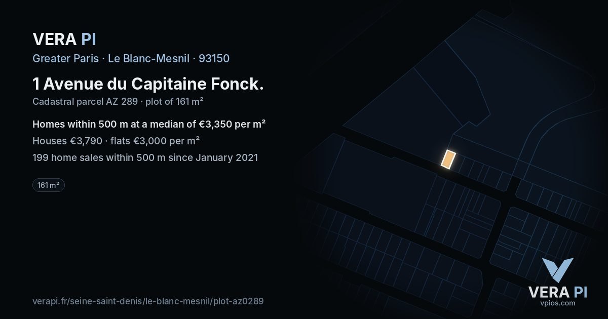 1 Avenue du Capitaine Fonck, Le Blanc-Mesnil at night – the plot lit, the parcels around coloured by the prices near them