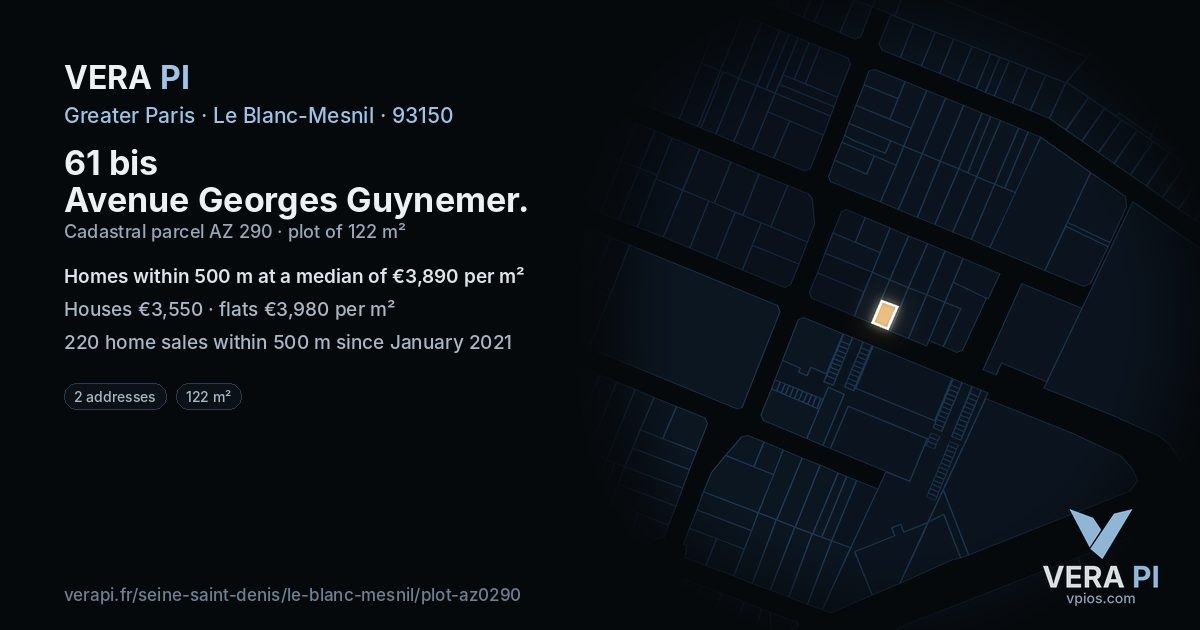 61 bis Avenue Georges Guynemer, Le Blanc-Mesnil at night – the plot lit, the parcels around coloured by the prices near them