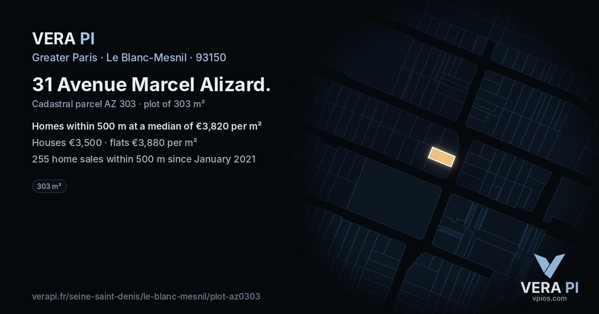 31 Avenue Marcel Alizard, Le Blanc-Mesnil at night – the plot lit, the parcels around coloured by the prices near them