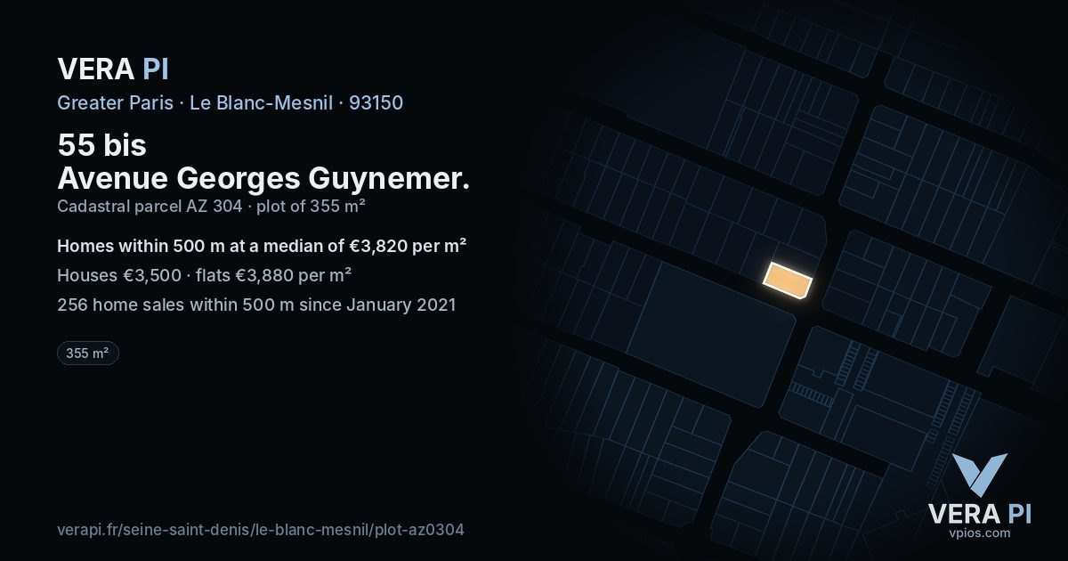 55 bis Avenue Georges Guynemer, Le Blanc-Mesnil at night – the plot lit, the parcels around coloured by the prices near them