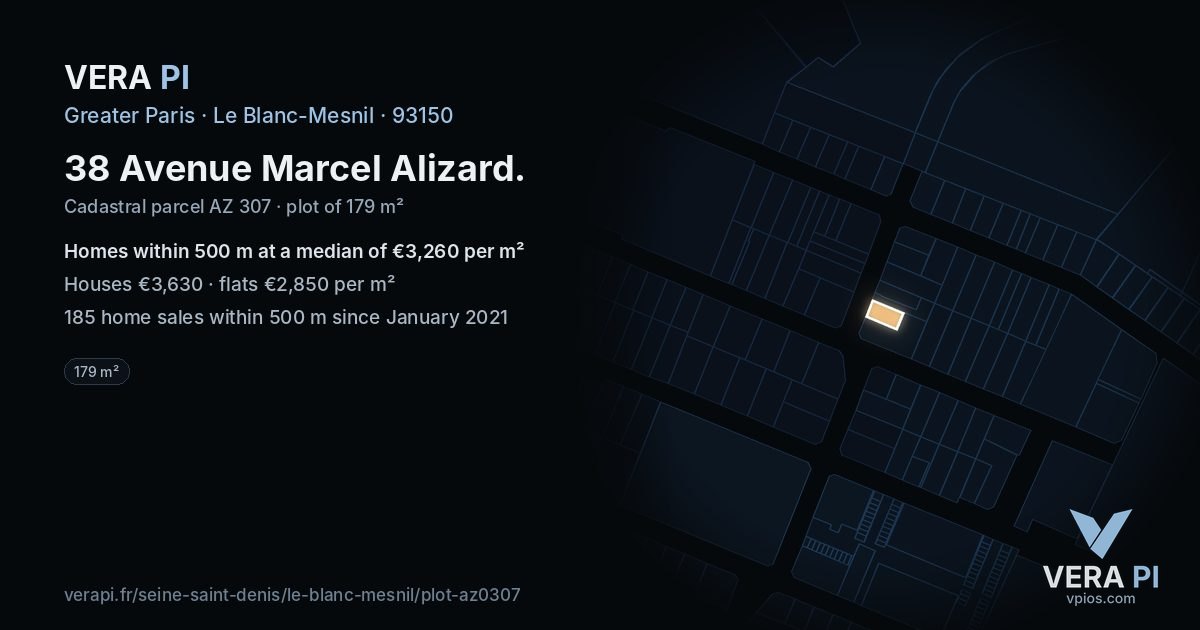 38 Avenue Marcel Alizard, Le Blanc-Mesnil at night – the plot lit, the parcels around coloured by the prices near them