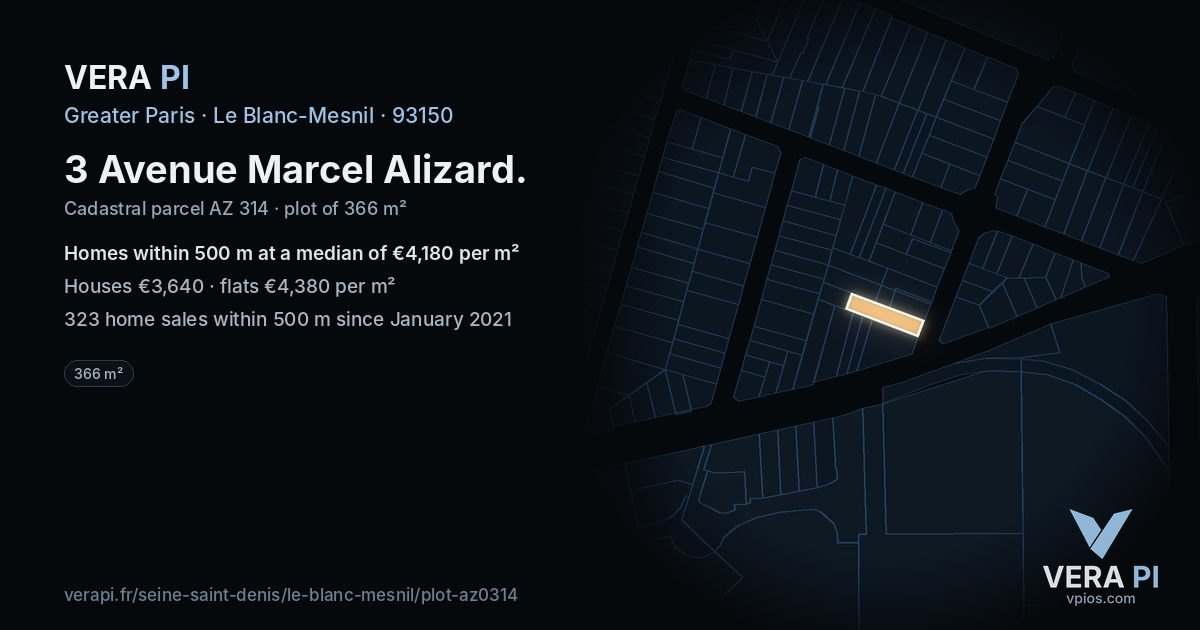 3 Avenue Marcel Alizard, Le Blanc-Mesnil at night – the plot lit, the parcels around coloured by the prices near them