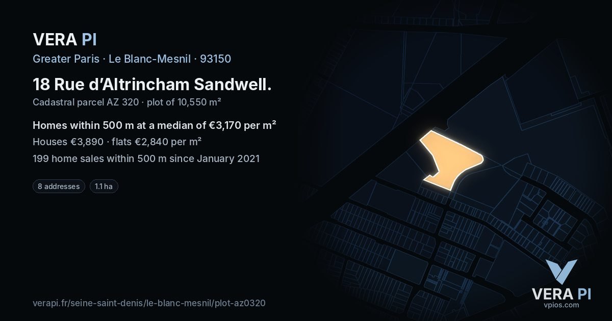 18 Rue d’Altrincham Sandwell, Le Blanc-Mesnil at night – the plot lit, the parcels around coloured by the prices near them
