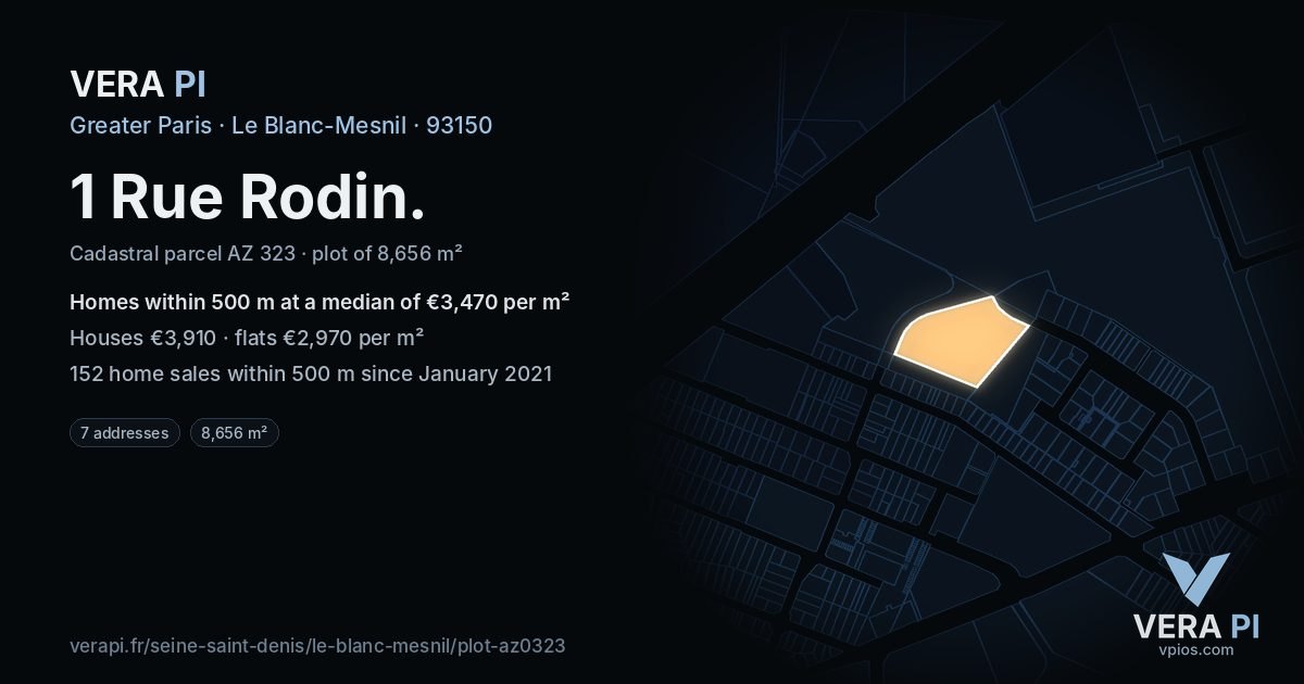 1 Rue Rodin, Le Blanc-Mesnil at night – the plot lit, the parcels around coloured by the prices near them