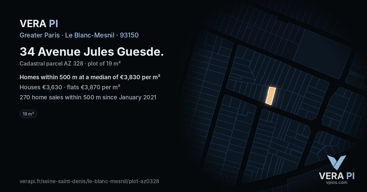 34 Avenue Jules Guesde, Le Blanc-Mesnil at night – the plot lit, the parcels around coloured by the prices near them